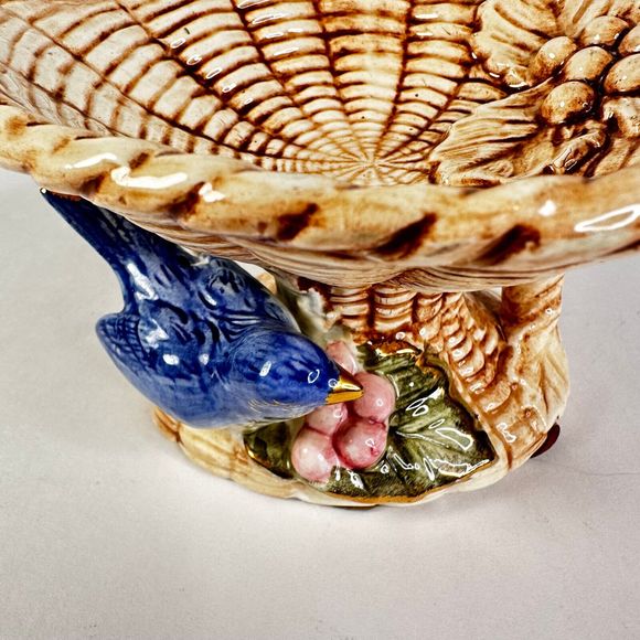 Norleans Ceramic Woven Miniature Bird Bath Basket with Blue Bird Made in Japan - Picture 2 of 10